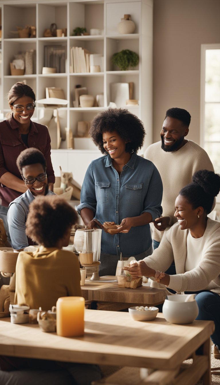 A group of diverse individuals gather in a cozy living room, chatting and laughing while creating handmade items to support their community. Tables are filled with crafting supplies and refreshments