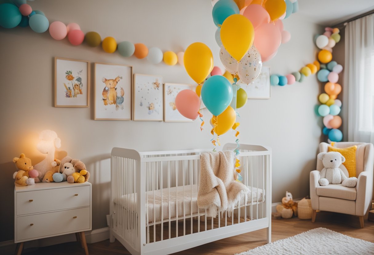 A cozy nursery filled with colorful decorations, baby furniture, and cute animal-themed accessories. Streamers and balloons add a festive touch to the room