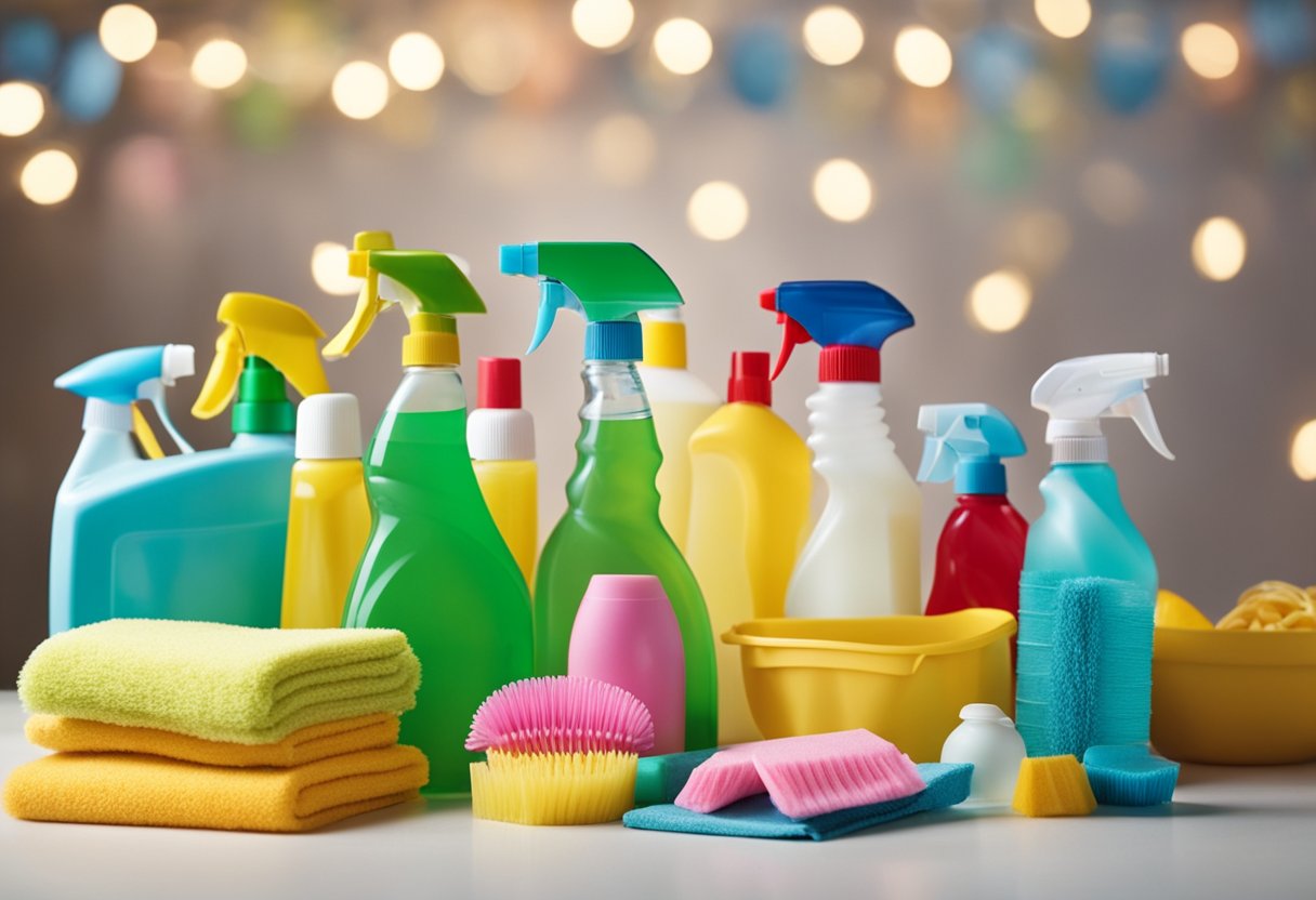 A colorful array of cleaning supplies, baby gear, and festive decorations fill the room as friends and family gather to celebrate the expecting parents