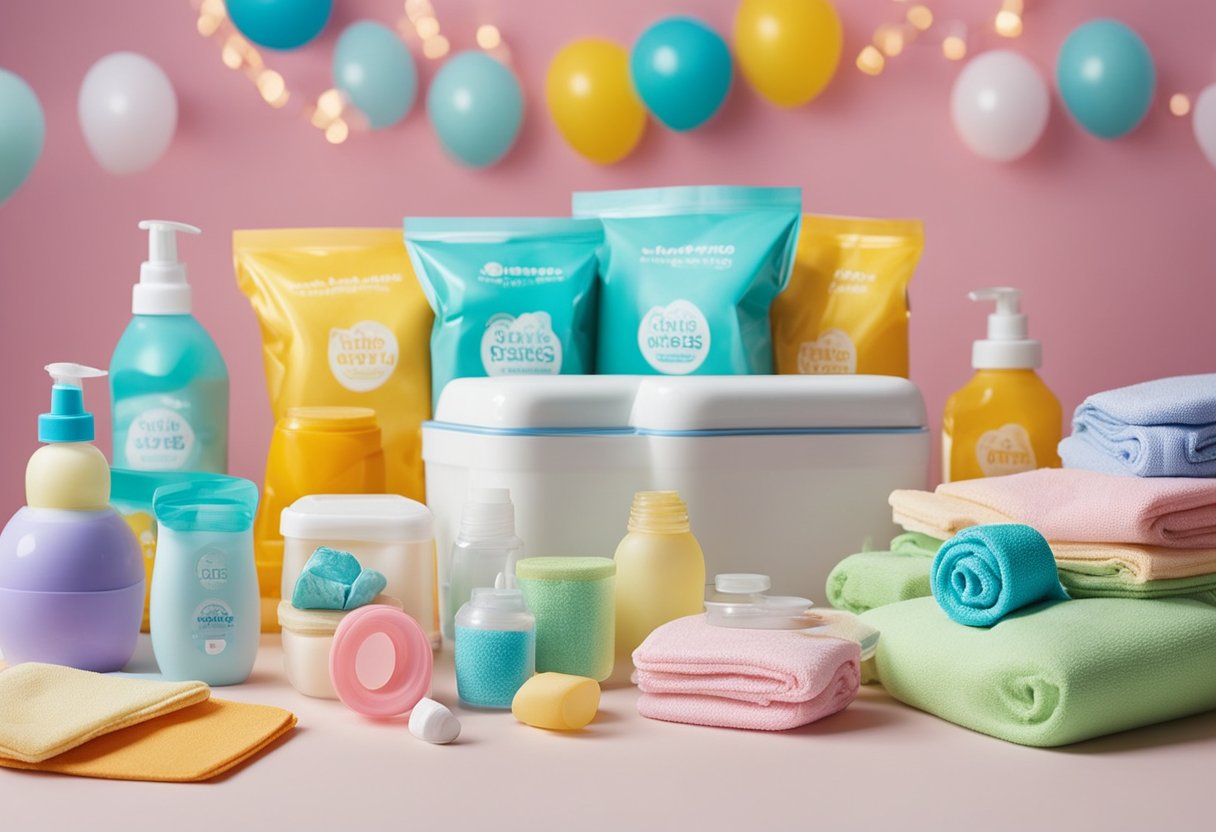 A colorful table filled with baby essentials like diapers, wipes, and bottles. Decorations and party favors are scattered around the station