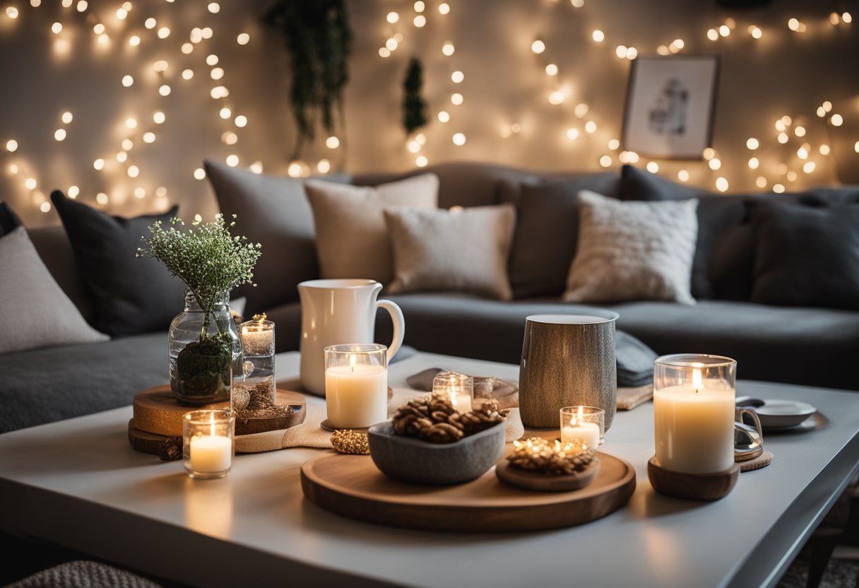 A cozy living room with soft pillows, warm blankets, and twinkling lights. A table with refreshments and crafts for guests to create nesting-themed gifts