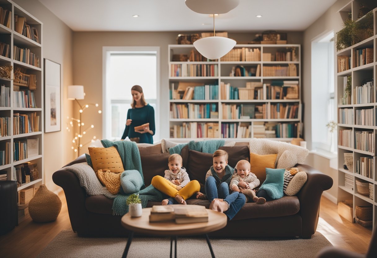 A cozy living room with a bookshelf filled with colorful baby books, surrounded by expectant parents and friends enjoying a festive atmosphere