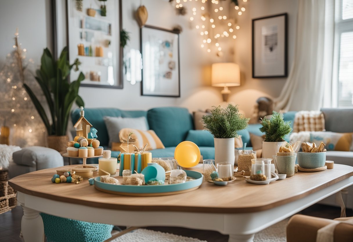 A cozy living room with a colorful array of baby-themed decorations and a table filled with crafting supplies for guests to create personalized gifts