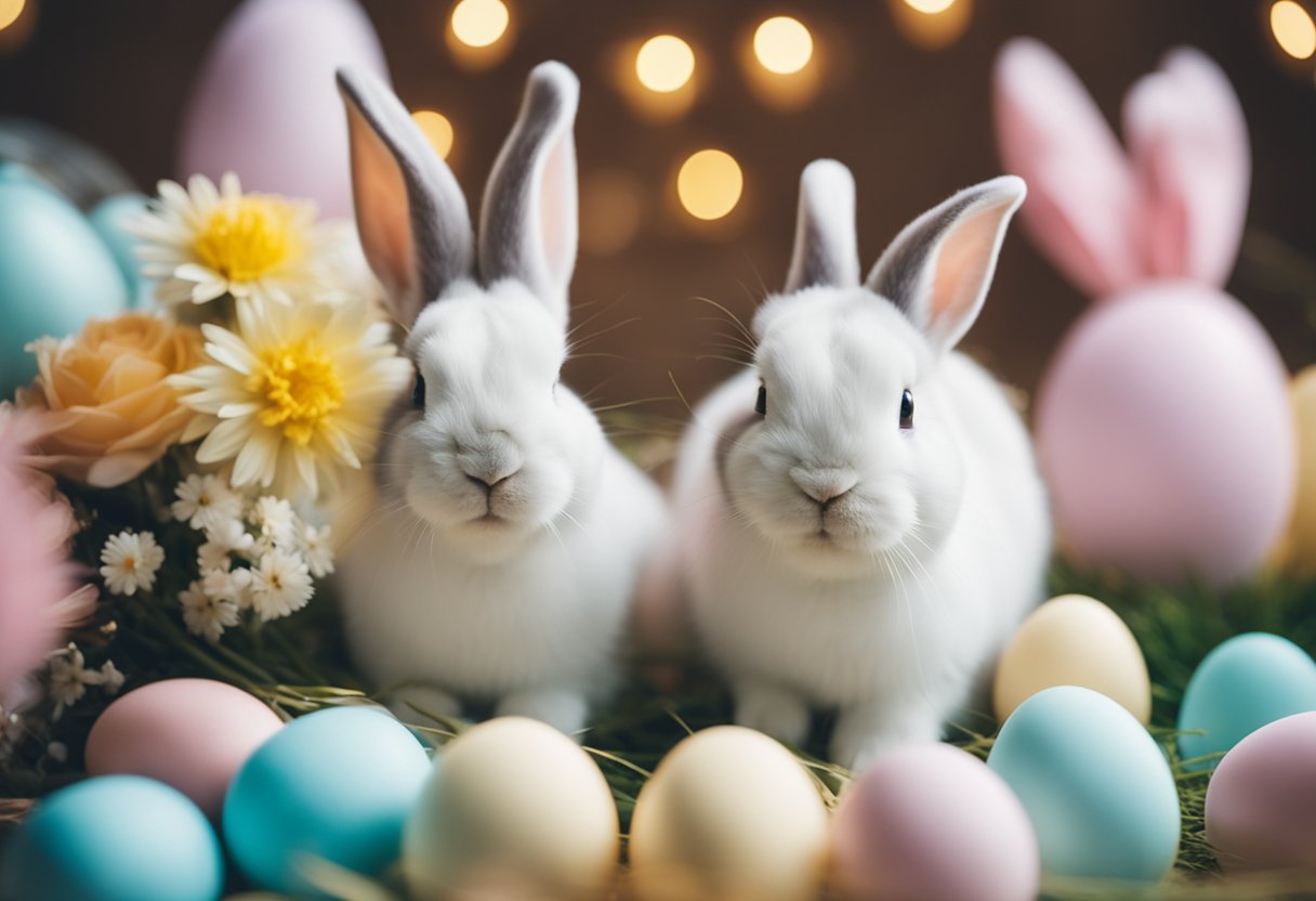 A group of cute bunnies surrounded by Easter-themed decorations, including pastel-colored eggs, flowers, and gender reveal props