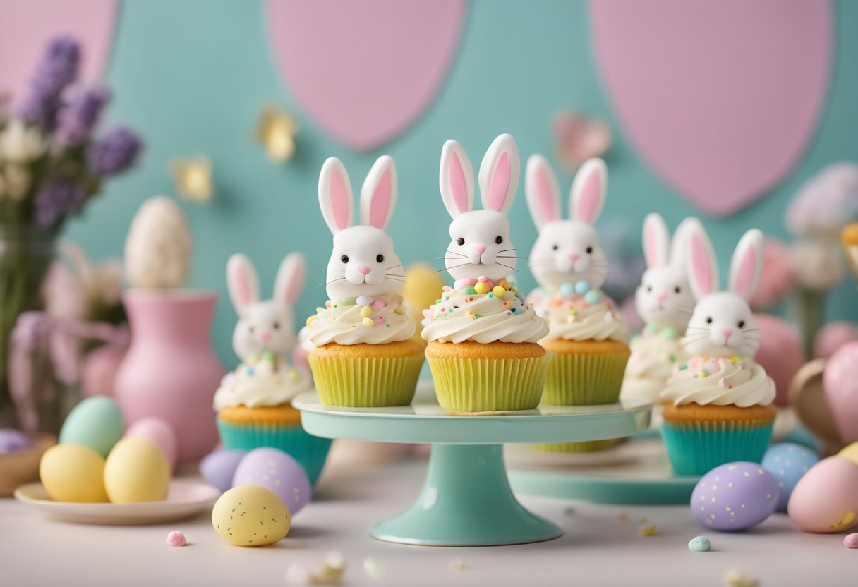 A table adorned with pastel-colored cupcakes topped with adorable bunny rabbit decorations, surrounded by Easter-themed decor and a joyful atmosphere