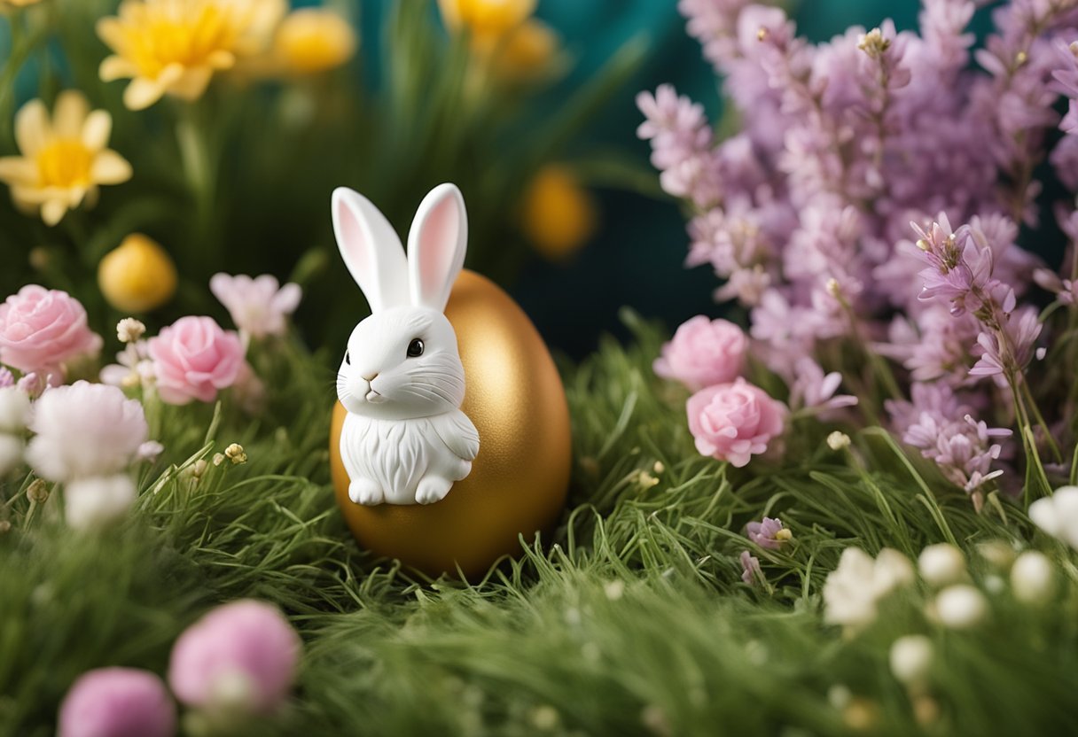 A golden egg nestled in a bed of pastel-colored grass and flowers, surrounded by adorable bunny-themed decorations