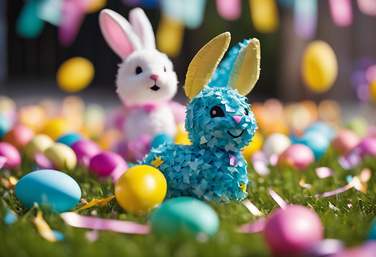 A colorful bunny piñata bursts open, showering confetti in a joyful Easter gender reveal celebration