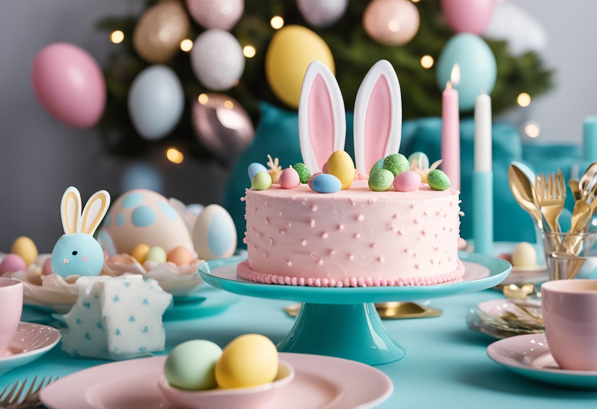 A festive table set with a gender reveal cake surrounded by bunny-themed decorations and Easter-inspired elements