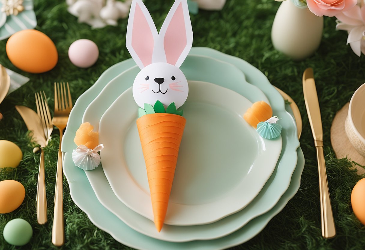 A table adorned with carrot-shaped favor bags, surrounded by bunny-themed decorations, set for an Easter gender reveal celebration