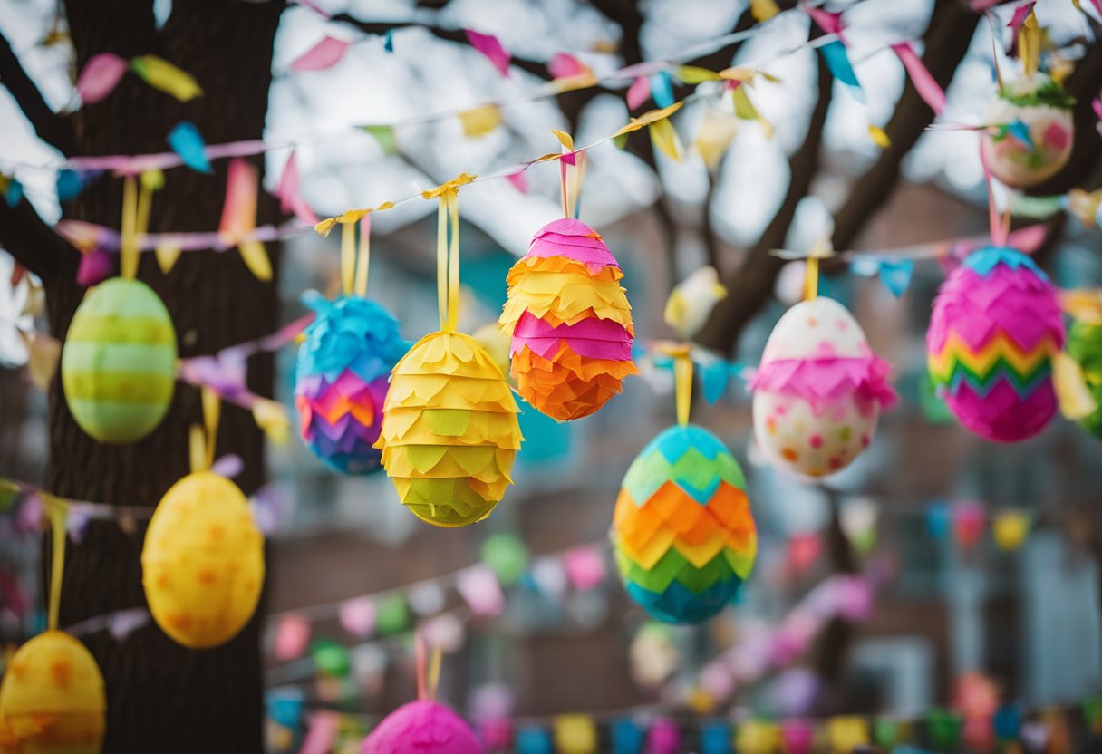 A colorful Easter egg pinata hangs from a tree, surrounded by cute bunny-themed decorations and confetti