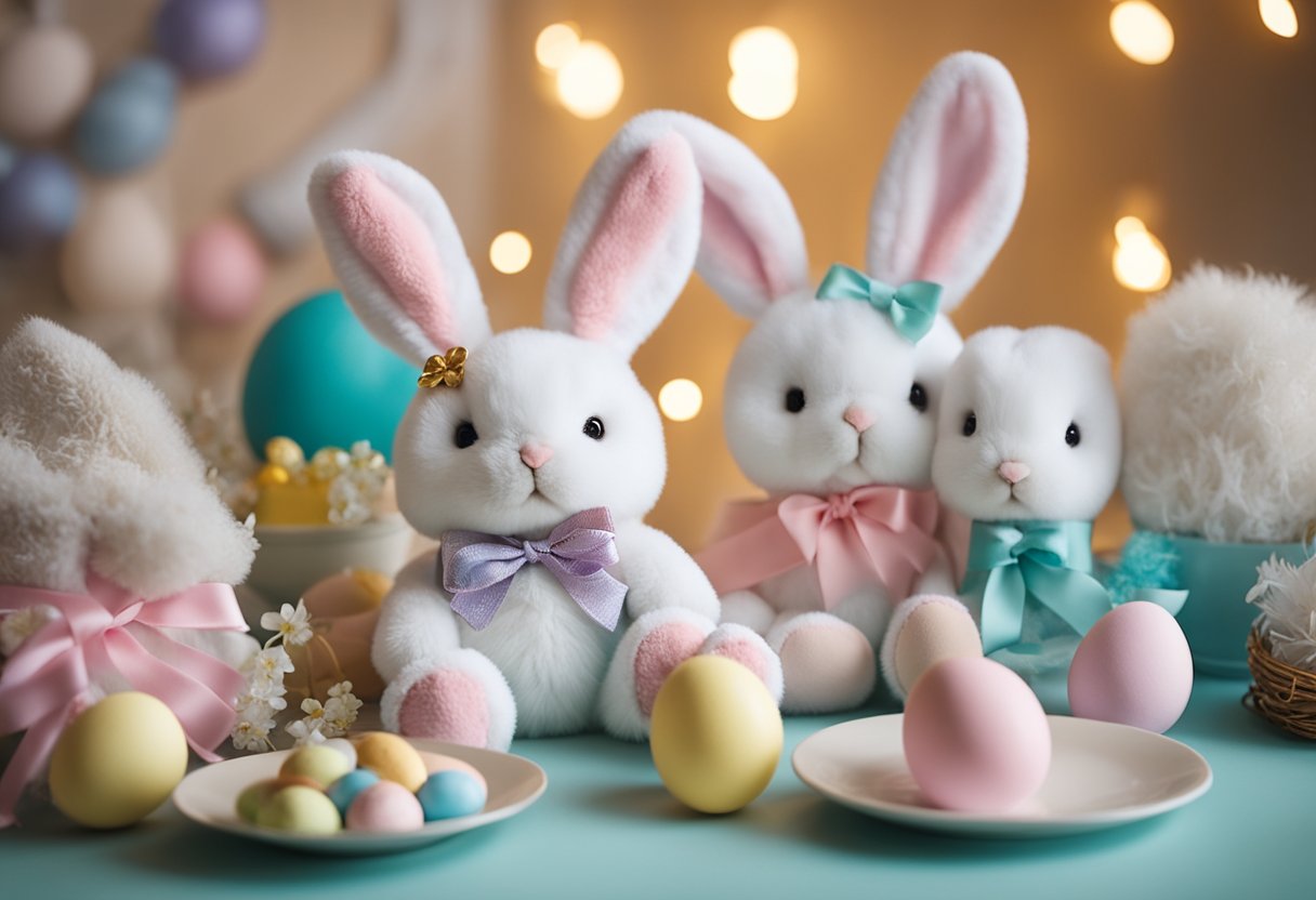 A table adorned with a variety of adorable bunny plush gifts, surrounded by Easter-themed decorations and gender reveal props