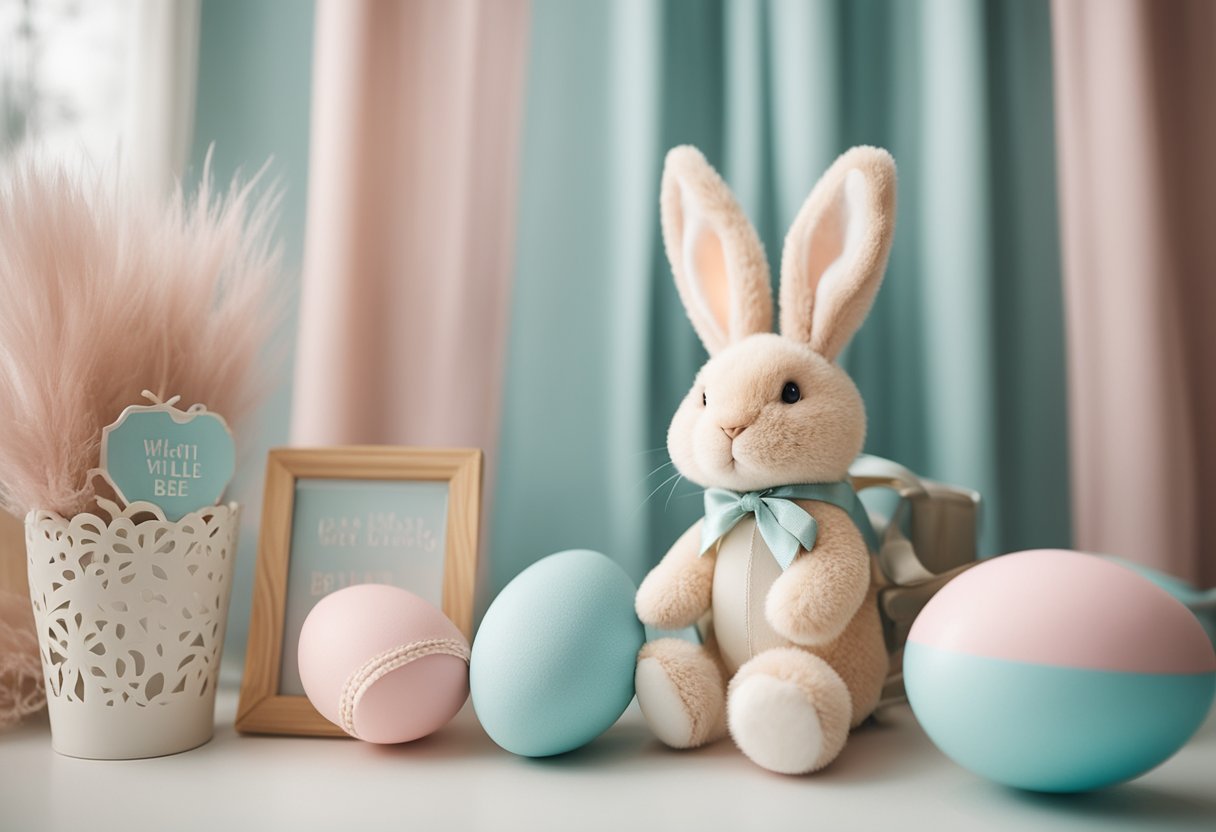 A cozy, pastel-colored nursery with bunny-themed decor and a banner reading "What Will Our Little Bunny Be?" surrounded by Easter-themed gender reveal ideas