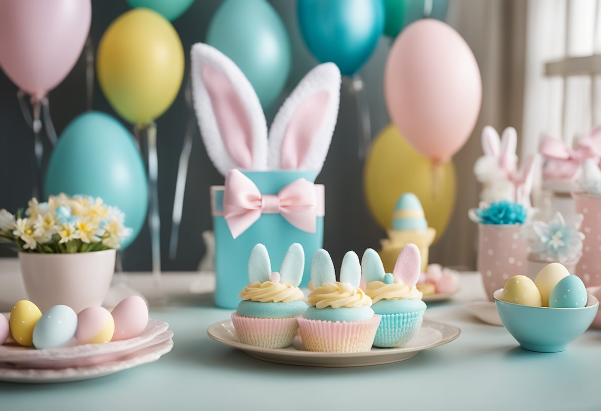 A table with pastel-colored bunny ears headbands arranged next to Easter-themed decorations and gender reveal props