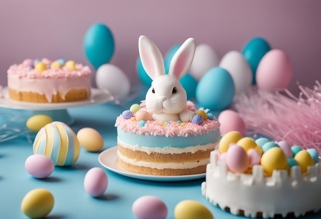 A bunny-shaped cake with pink and blue filling surrounded by Easter-themed decorations