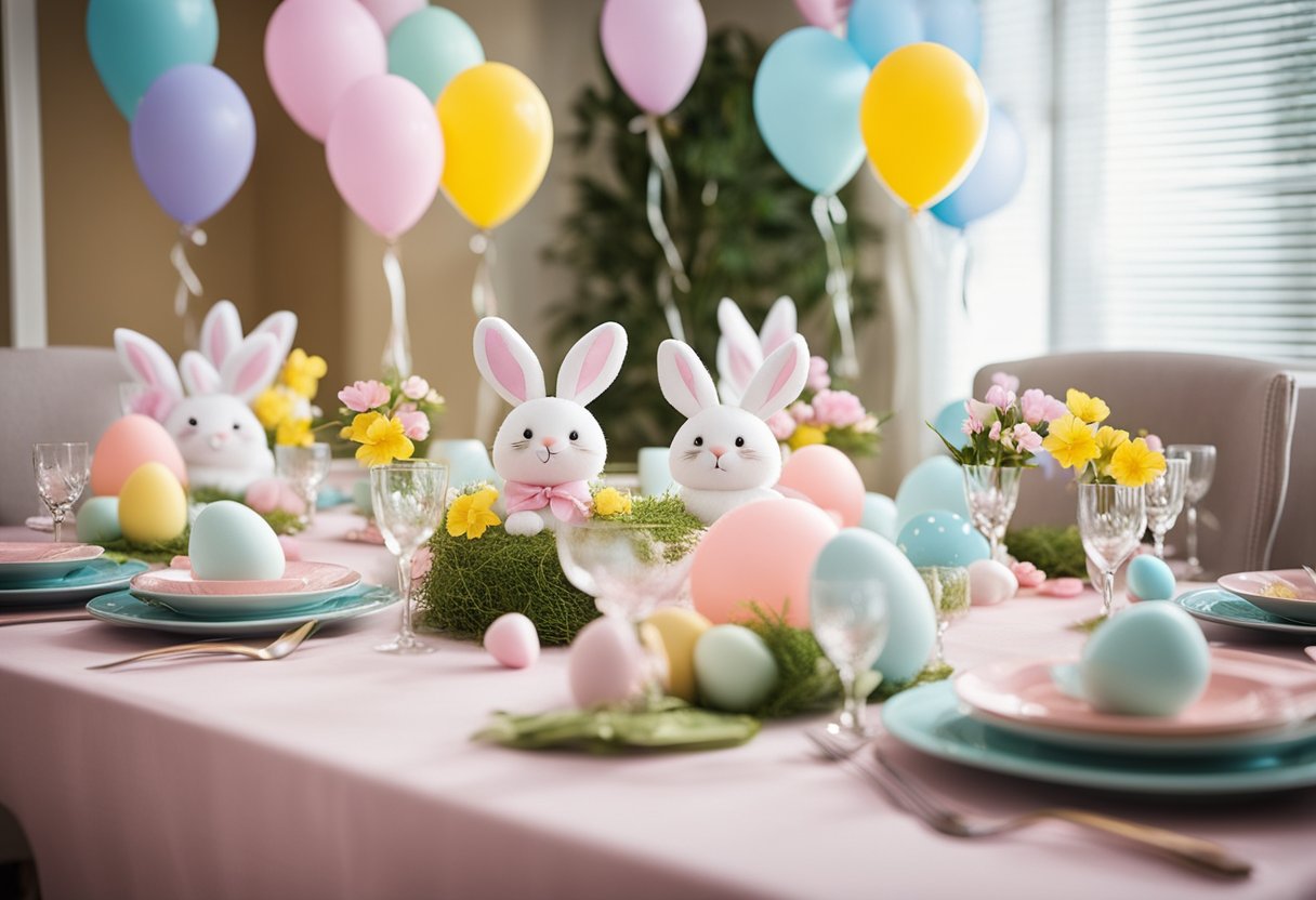 A table adorned with bunny centerpieces and balloons, creating a festive and adorable Easter-themed gender reveal