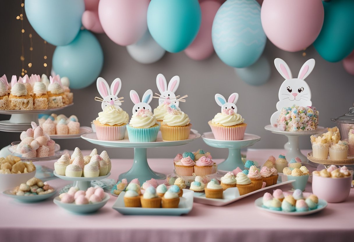 A festive dessert table adorned with bunny-themed treats and decorations for an Easter gender reveal celebration