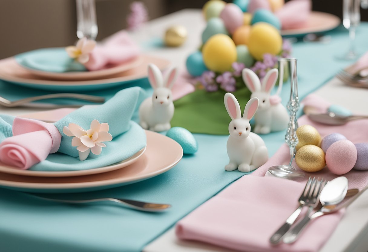 A table set with pastel napkins, adorned with cute bunny-shaped napkin rings, surrounded by Easter-themed decorations and gender reveal props