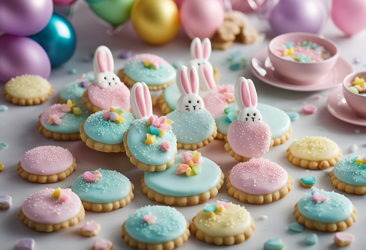 A table filled with pastel icing, sprinkles, and bunny-shaped cookies. Decorative items like ribbons, balloons, and confetti add to the festive atmosphere