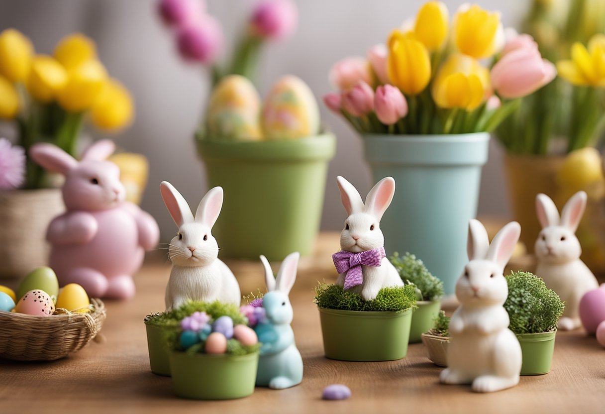 A group of mini bunny planters arranged on a table, surrounded by colorful Easter-themed decorations and gifts