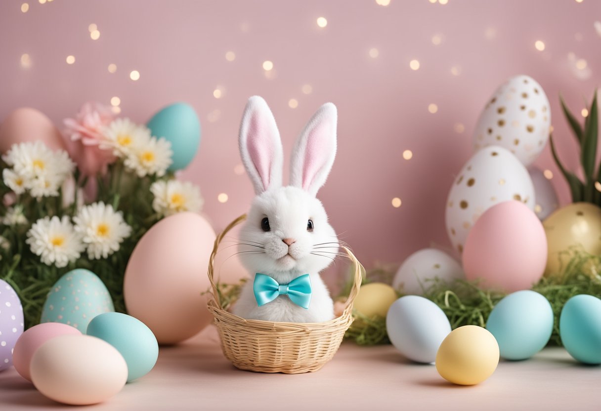 A festive Easter Bunny photo booth with pastel decorations and bunny-themed props for a gender reveal celebration