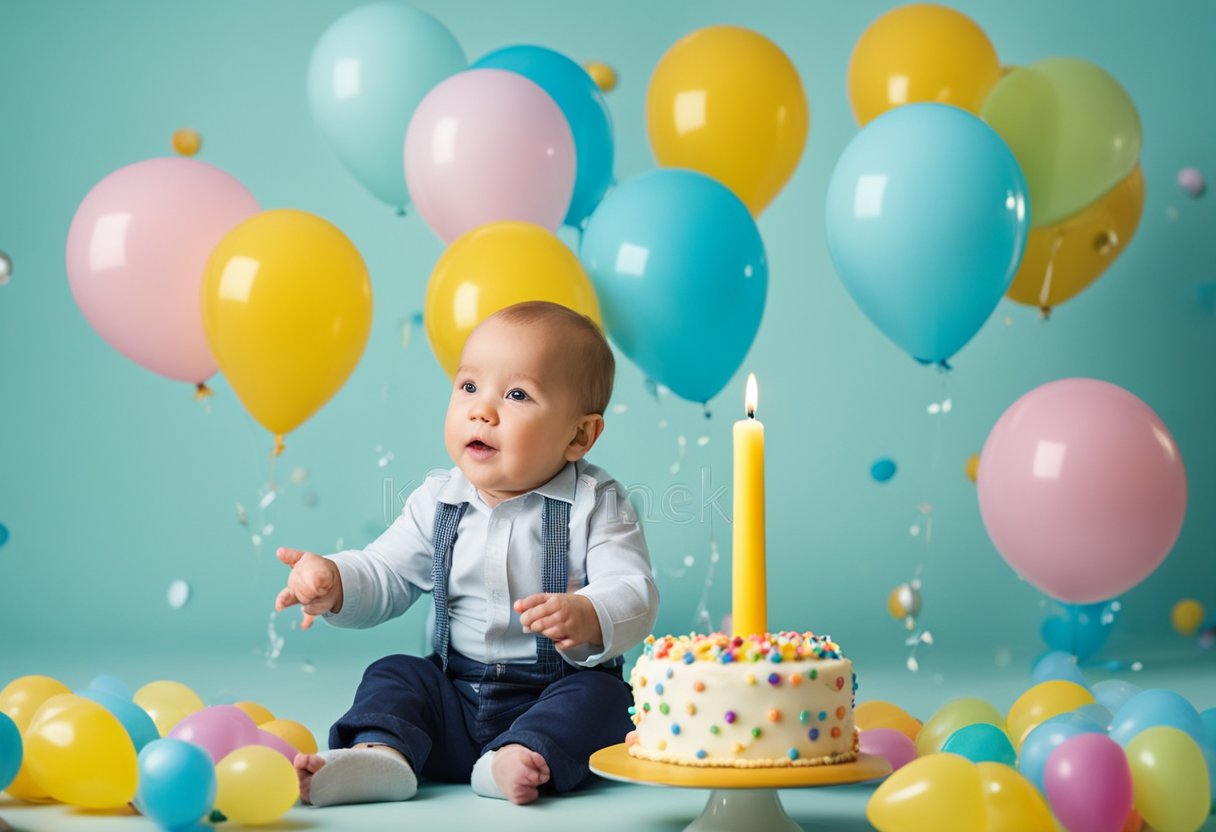 A baby boy surrounded by colorful balloons and a birthday cake with a big "1" candle