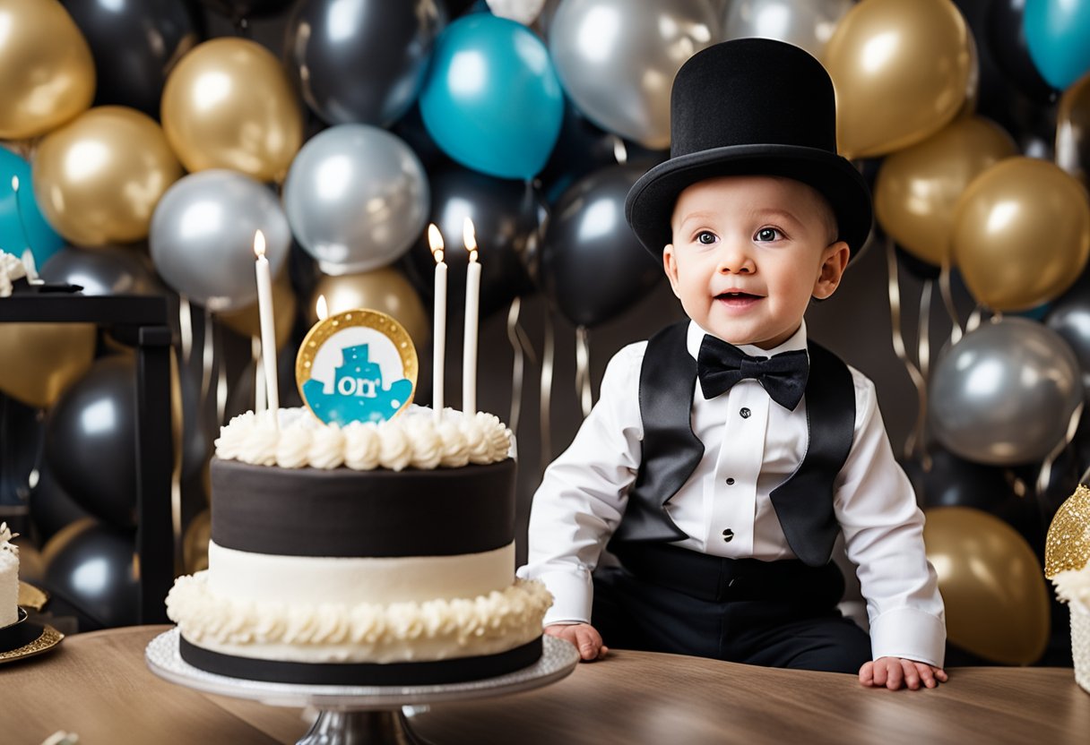 A baby boy's first birthday party with a dapper theme, featuring a mini tuxedo, bowtie, and top hat, surrounded by balloons and a cake