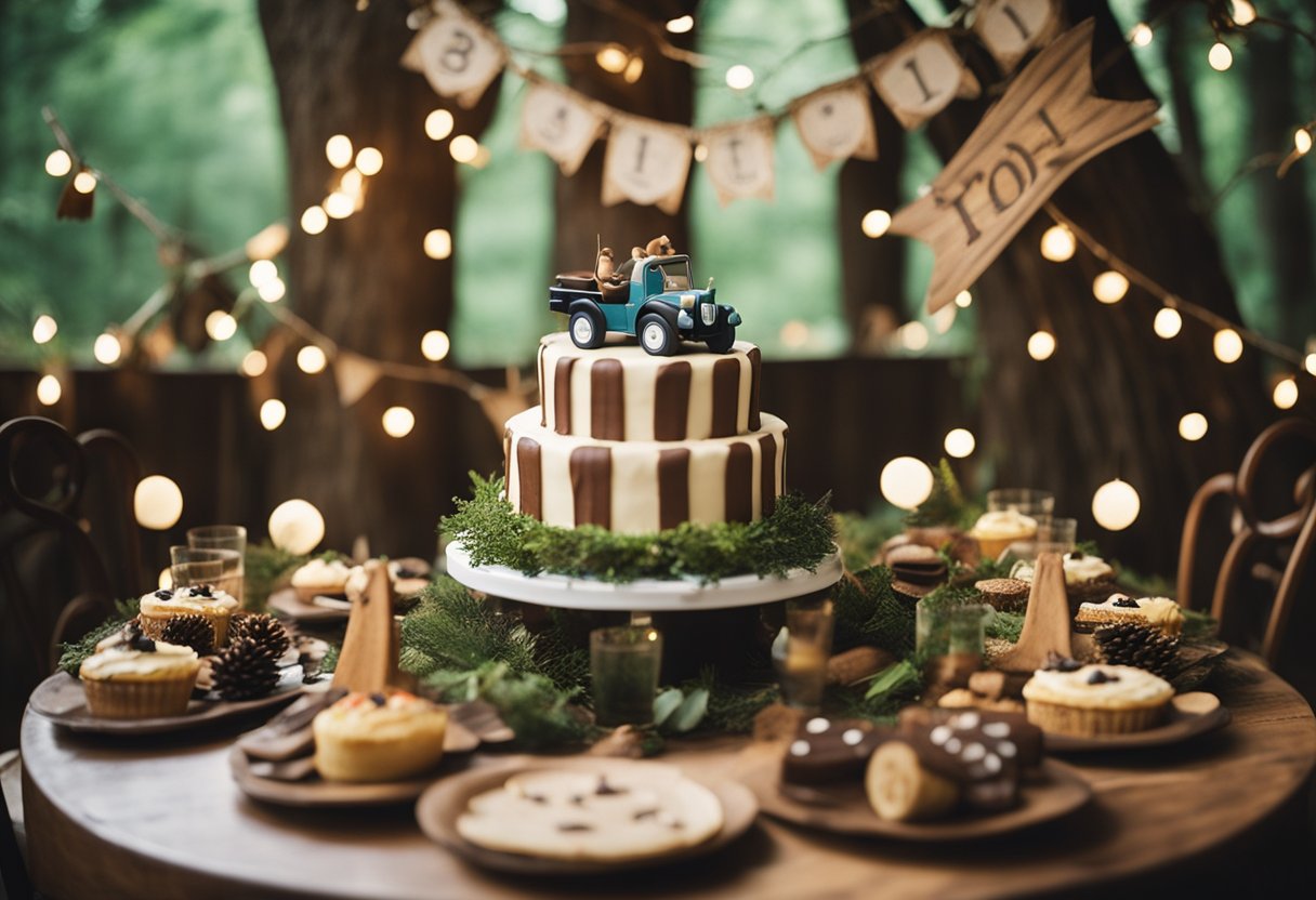 A woodland-themed birthday party with rustic decor, a cake surrounded by toy axes, and a baby boy in a plaid shirt and suspenders