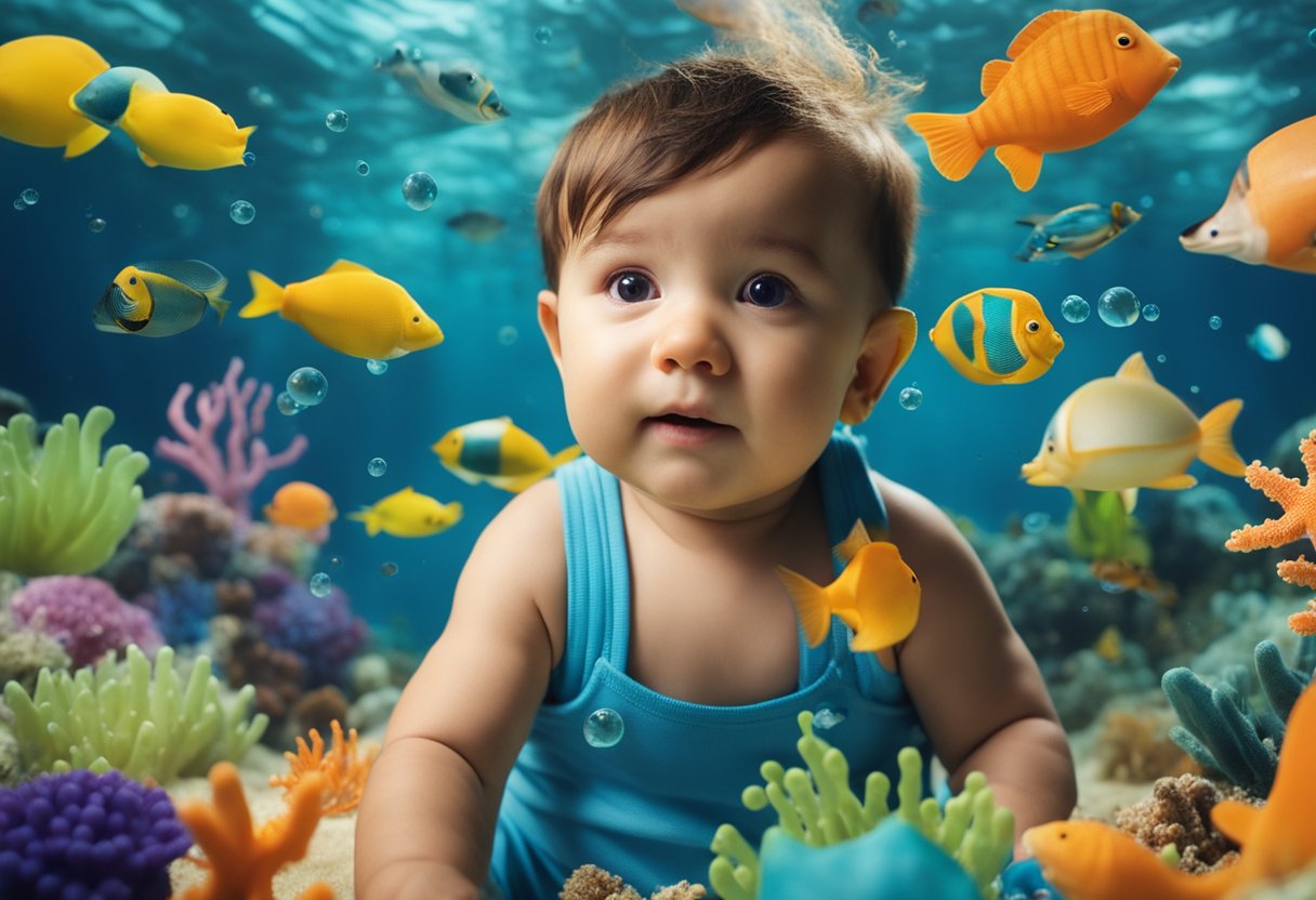 A baby boy surrounded by colorful sea creatures in an underwater photoshoot for his first birthday celebration