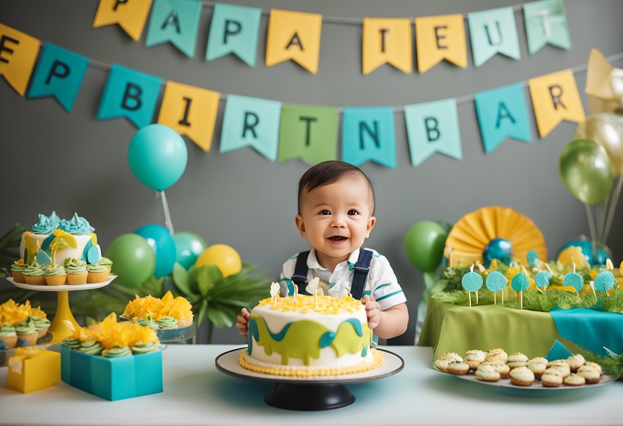 A baby boy's first birthday party with dinosaur-themed decorations, a colorful cake, and a playful photo shoot with cute props and outfits