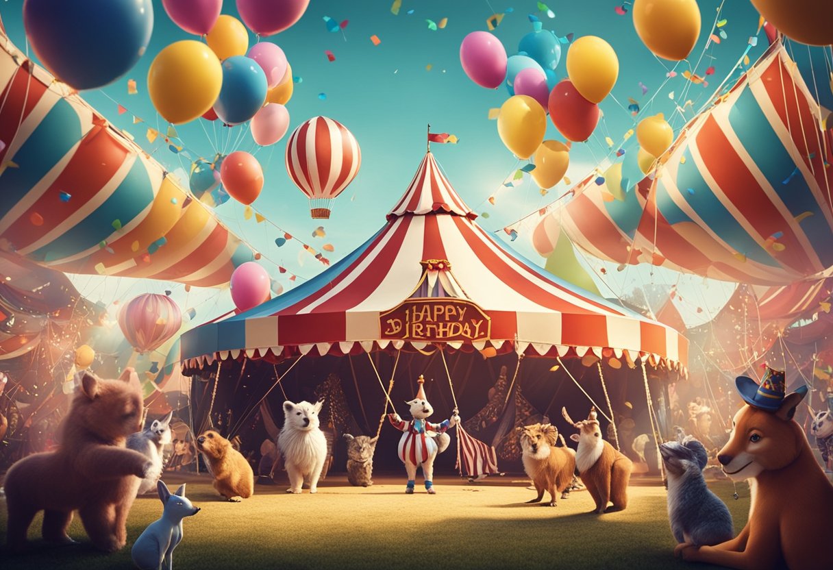 A colorful circus tent with balloons, confetti, and a big birthday cake surrounded by playful animals and performers