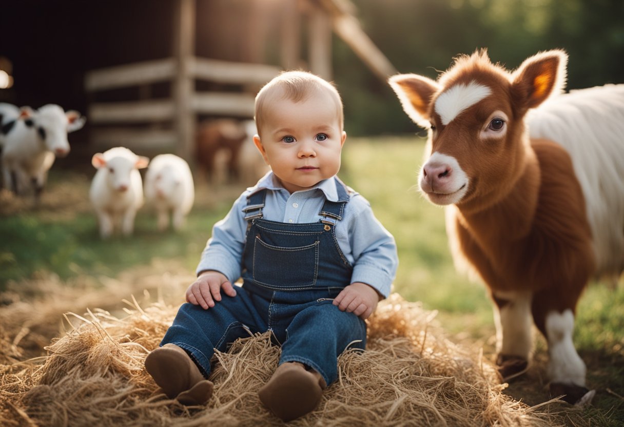 A baby boy sits in a barnyard surrounded by cute farm animals for his first birthday photoshoot