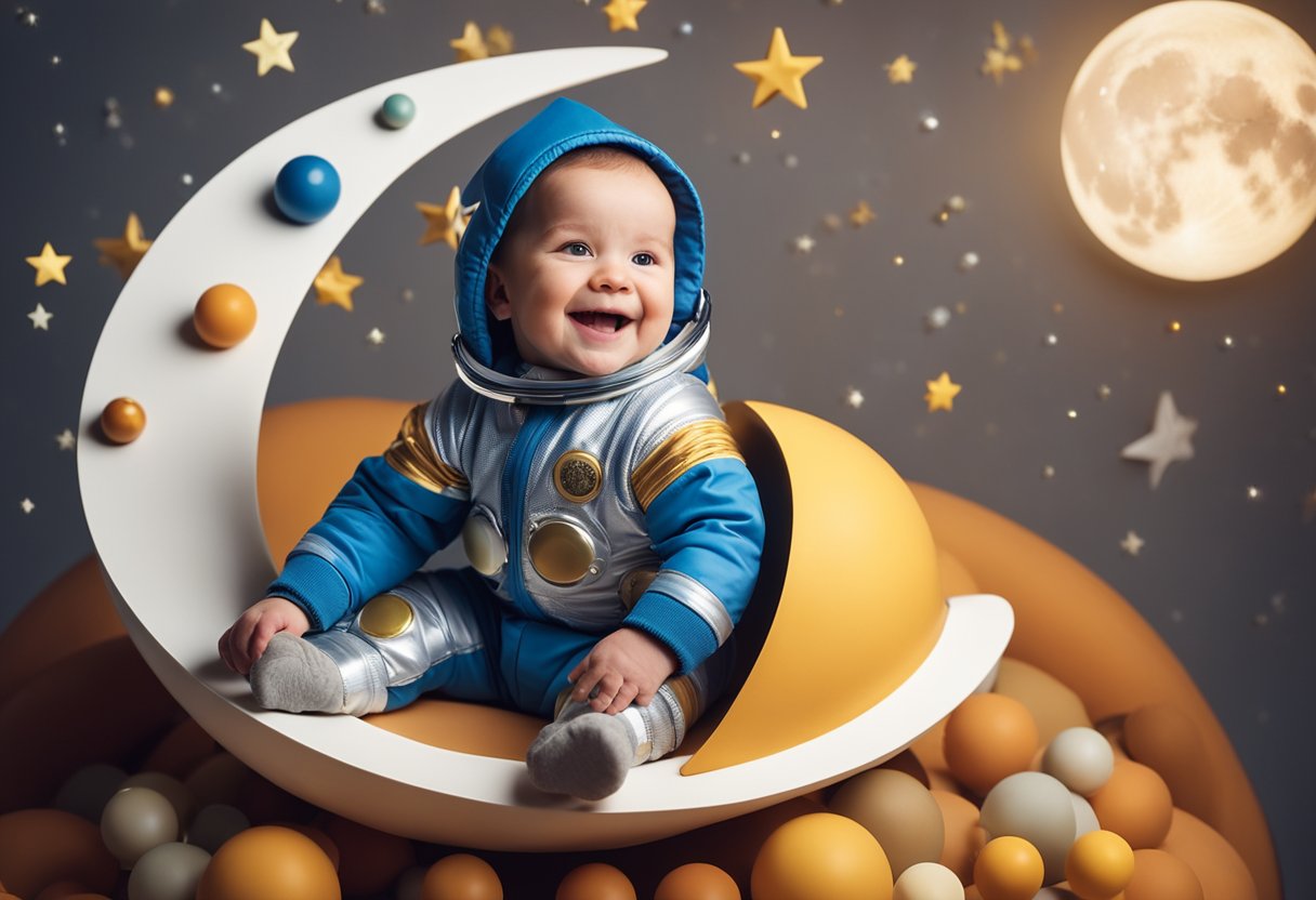 A baby boy wearing a space suit, surrounded by colorful planets and stars, sitting on a crescent moon with a big smile on his face