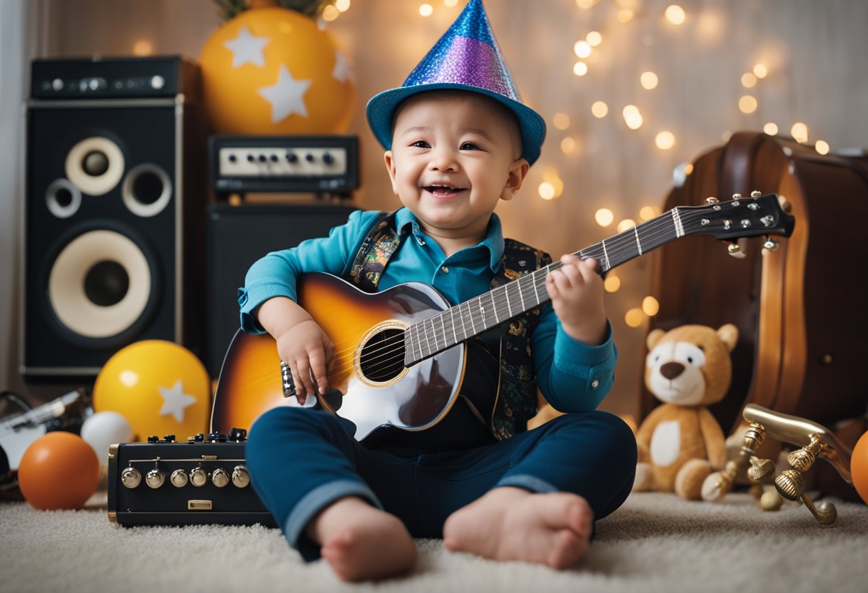 A baby boy sits surrounded by musical instruments, wearing a party hat and holding a tiny guitar, smiling brightly at the camera