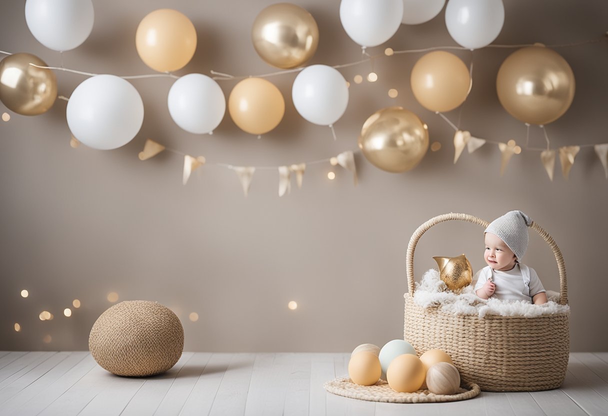 A modern, minimalist set-up with soft, neutral colors. A simple, clean backdrop with a few carefully curated props for a baby boy's first birthday photoshoot