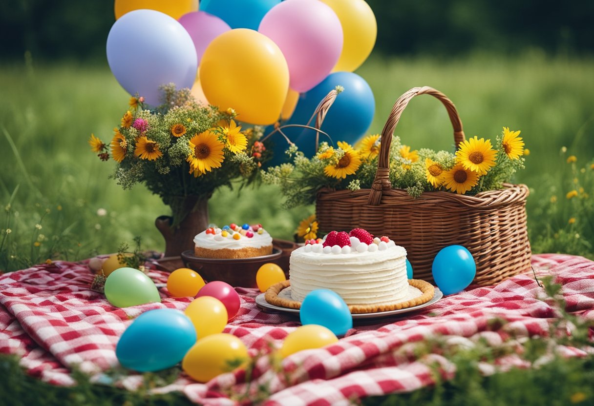 A charming country picnic with a rustic blanket, colorful balloons, and a delicious birthday cake surrounded by wildflowers and greenery