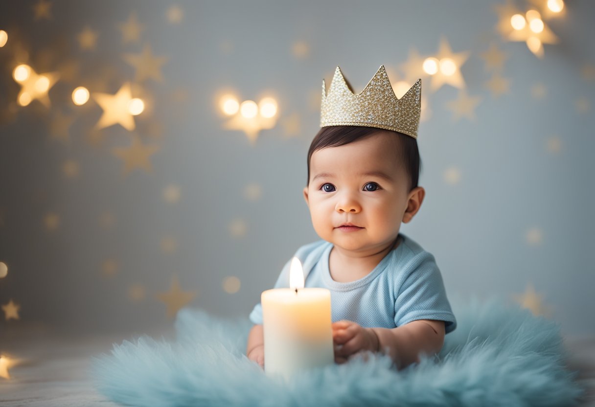 A baby boy's first birthday photoshoot with twinkling stars, a soft blanket, and a tiny crown