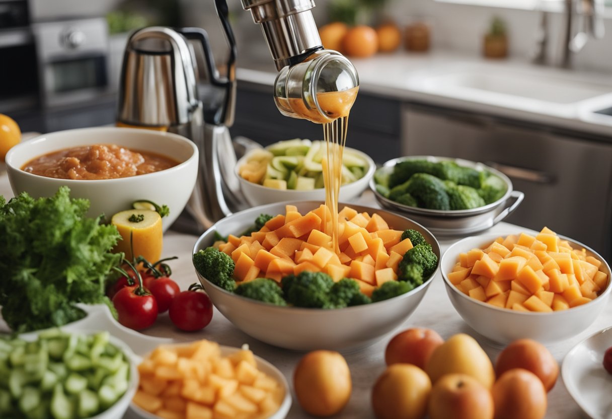 A colorful array of fruits, vegetables, and meats are being blended together in a kitchen to create 12 iron-rich puree recipes for babies