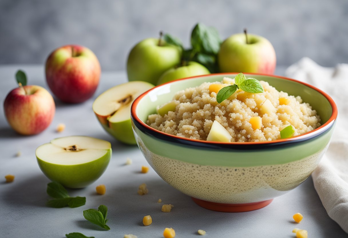A colorful bowl filled with mashed quinoa and apple, surrounded by fresh fruits and vegetables