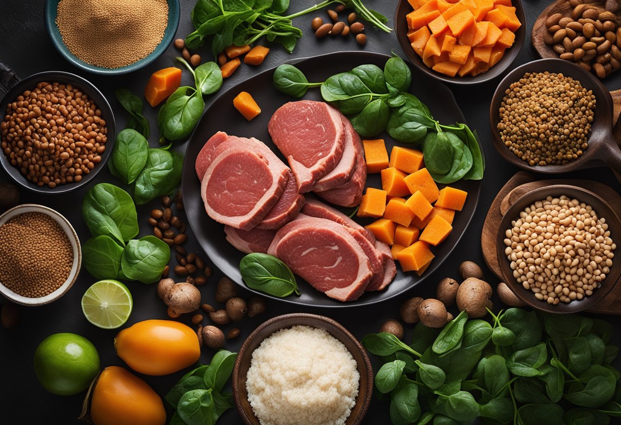 A colorful array of fresh beef and sweet potatoes being blended together, surrounded by various iron-rich ingredients like spinach, lentils, and beans