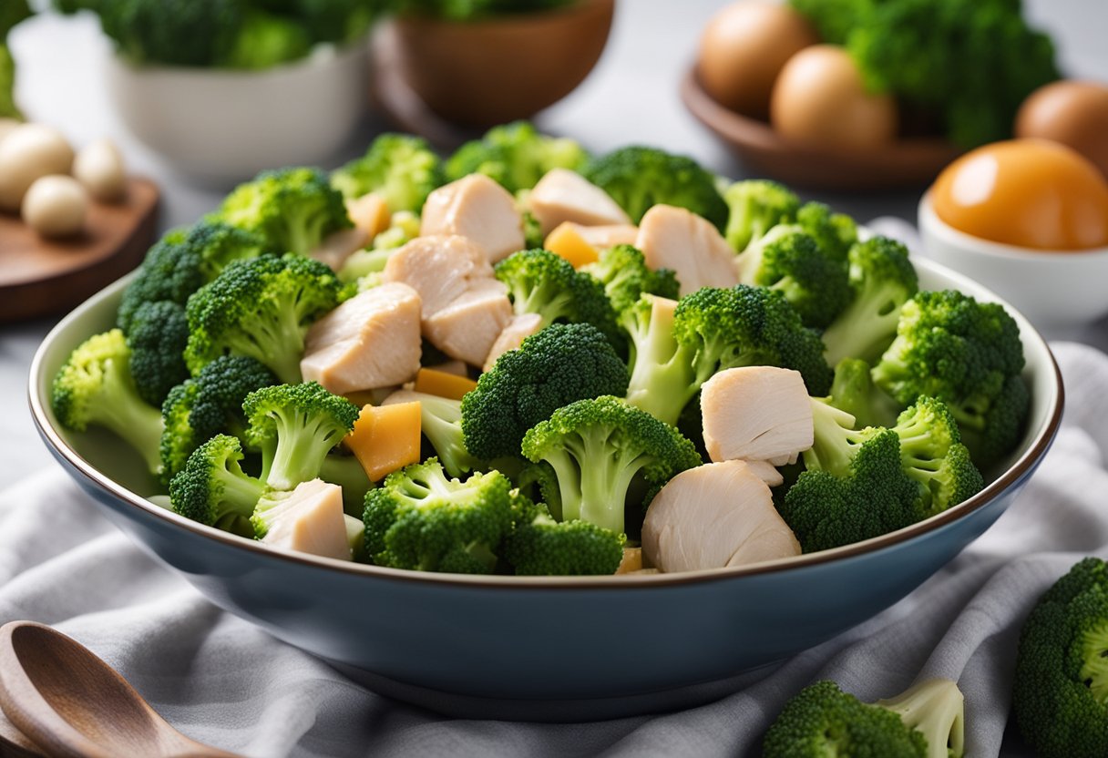 A colorful array of fresh broccoli and plump chicken pieces arranged in a bowl, surrounded by various ingredients and cooking utensils