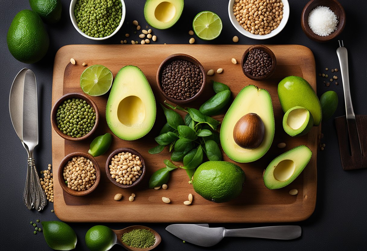 A colorful array of fresh lentils and avocados arranged on a wooden cutting board, surrounded by various kitchen utensils and ingredients