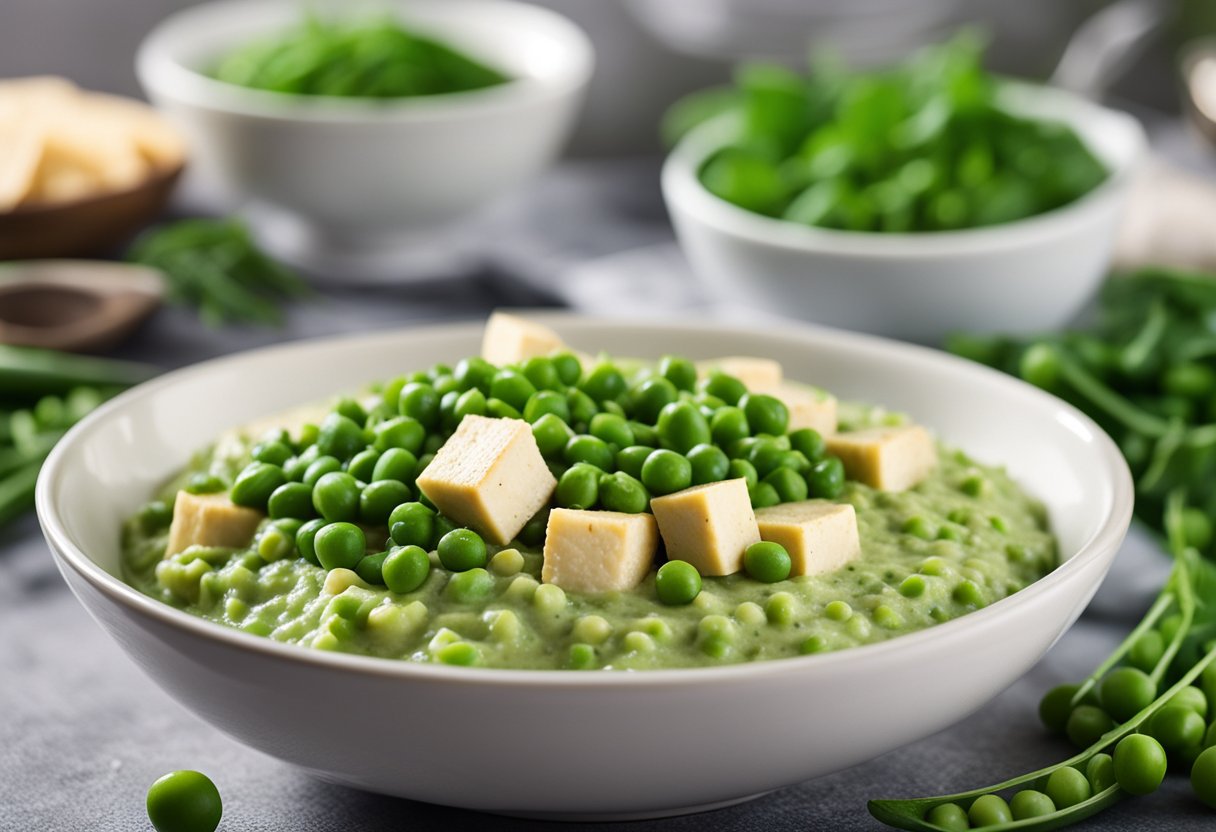 A bowl of creamy tofu and pea mash surrounded by fresh peas and a sprinkle of iron-rich ingredients like spinach and lentils