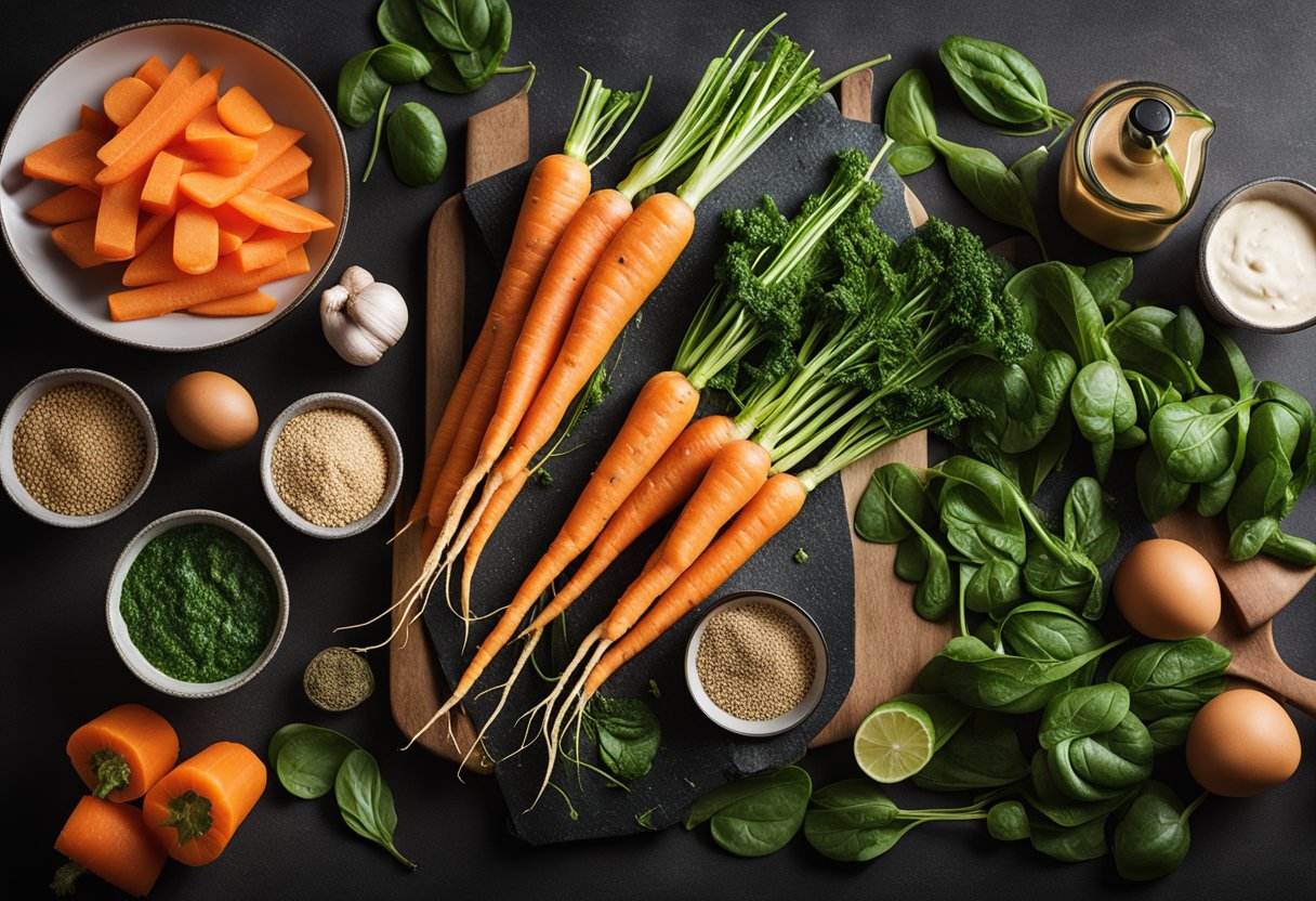 A colorful array of fresh carrots and spinach arranged on a cutting board, surrounded by various kitchen utensils and a blender
