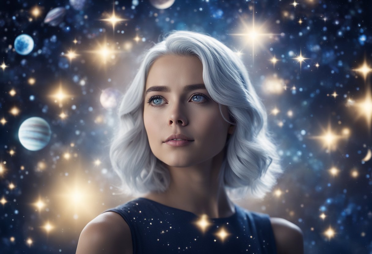 A young girl with silver hair and starry eyes gazes up at a night sky filled with constellations and planets, surrounded by a celestial aura