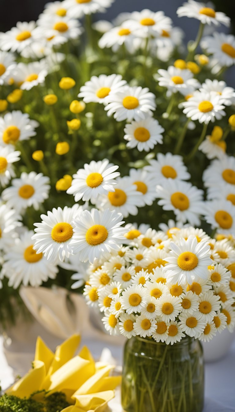 A vibrant daisy-themed baby shower with yellow and white decor, floral centerpieces, and a sunny outdoor setting