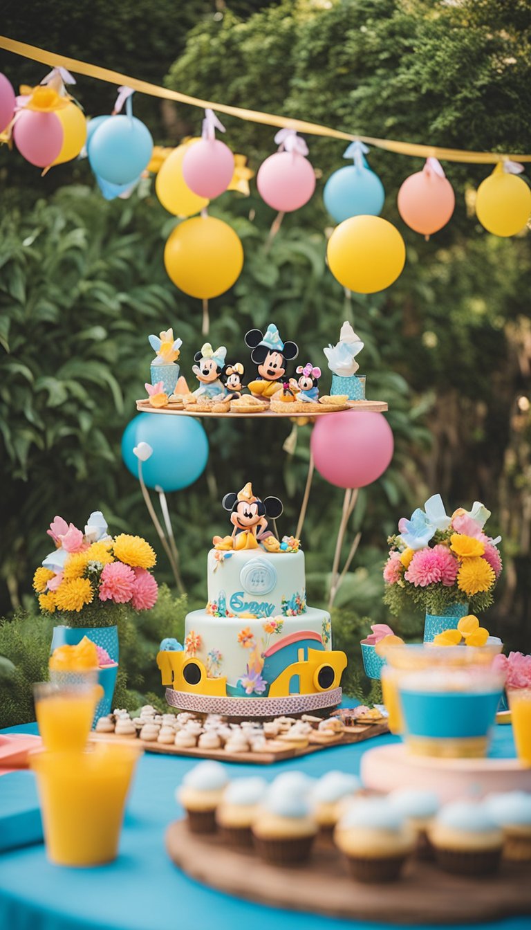 A colorful and festive outdoor baby shower with Disney-themed decorations, including Mickey and Minnie Mouse, Disney princesses, and iconic Disney landmarks