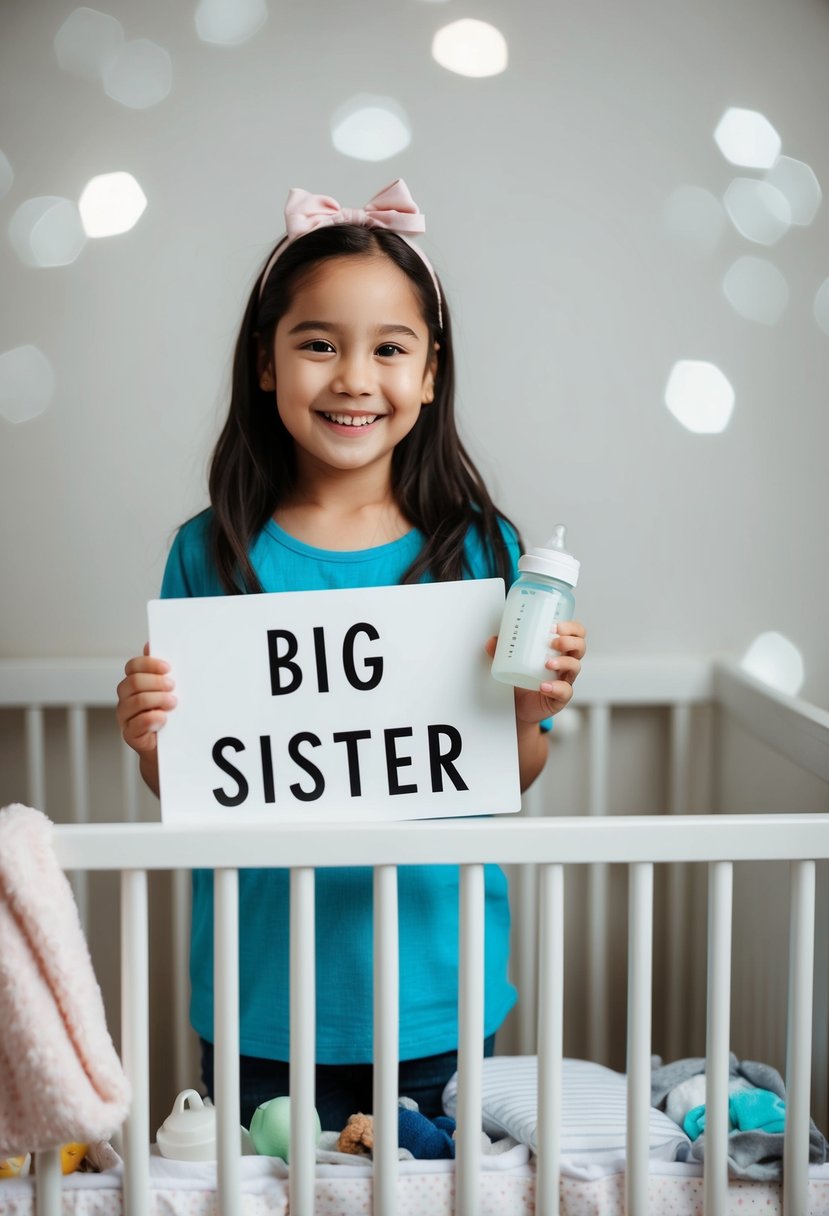 A smiling big sister holds a sign with a baby bottle and the words "Big Sister" written on it, while standing next to a crib filled with baby items