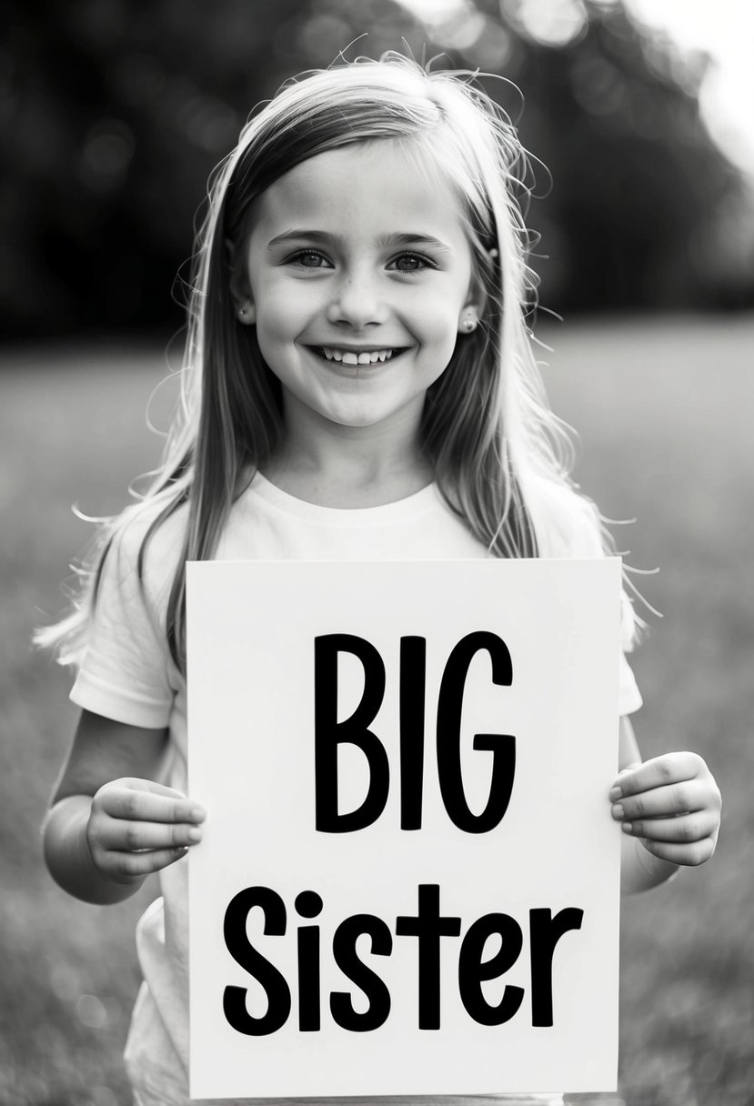 A young girl wearing a big sister t-shirt smiles while holding a pregnancy announcement sign