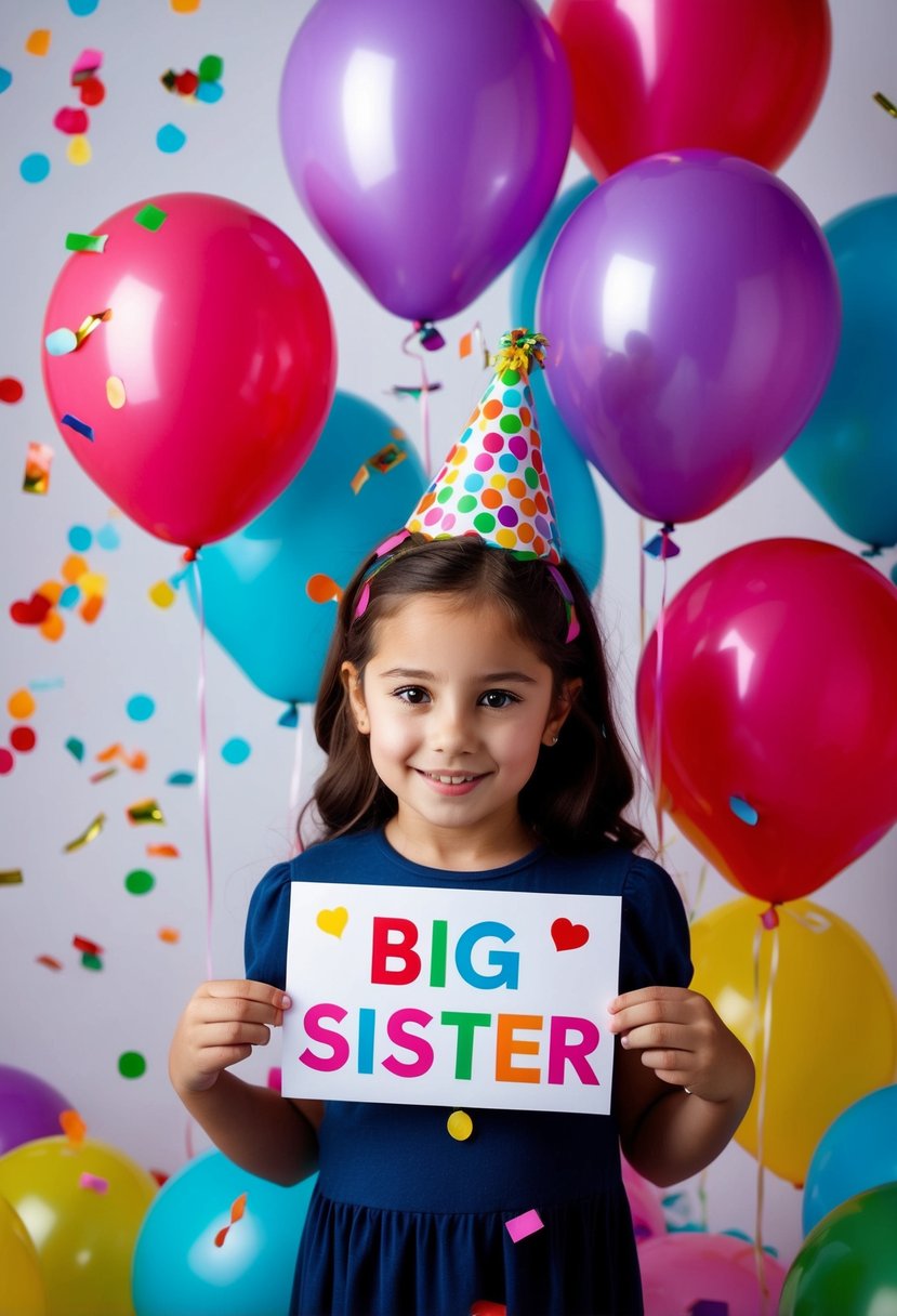 A young girl holds a sign with the words "Big Sister" surrounded by colorful balloons and confetti