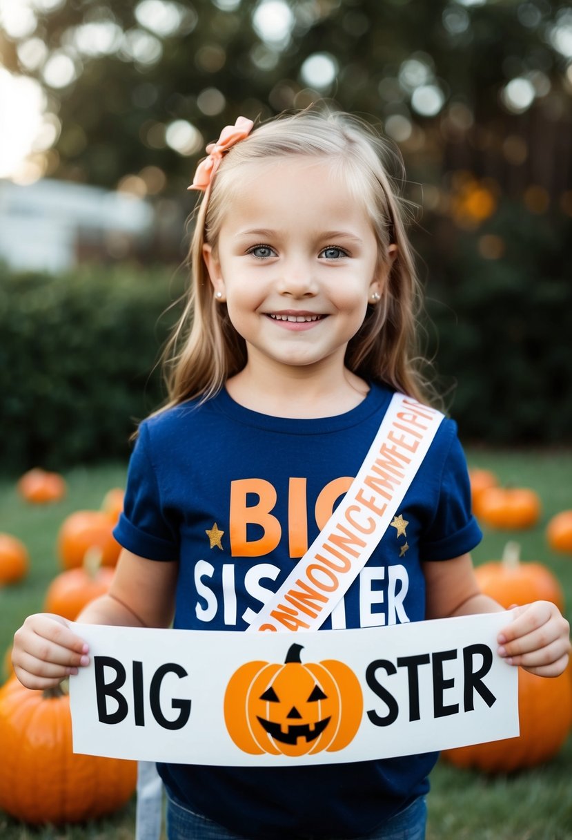 A young girl wearing a Halloween-themed shirt with the words "Big Sister" and a pumpkin, holding a sign or wearing a sash that says "Pregnancy Announcement."